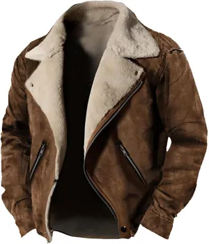 Winter Jackets for Men Sherpa Lined Fleece Casual Distressed Trucker Coats Classic Lapel Motorcycle Bomber Jacket