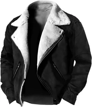 Winter Jackets for Men Sherpa Lined Fleece Casual Distressed Trucker Coats Classic Lapel Motorcycle Bomber Jacket