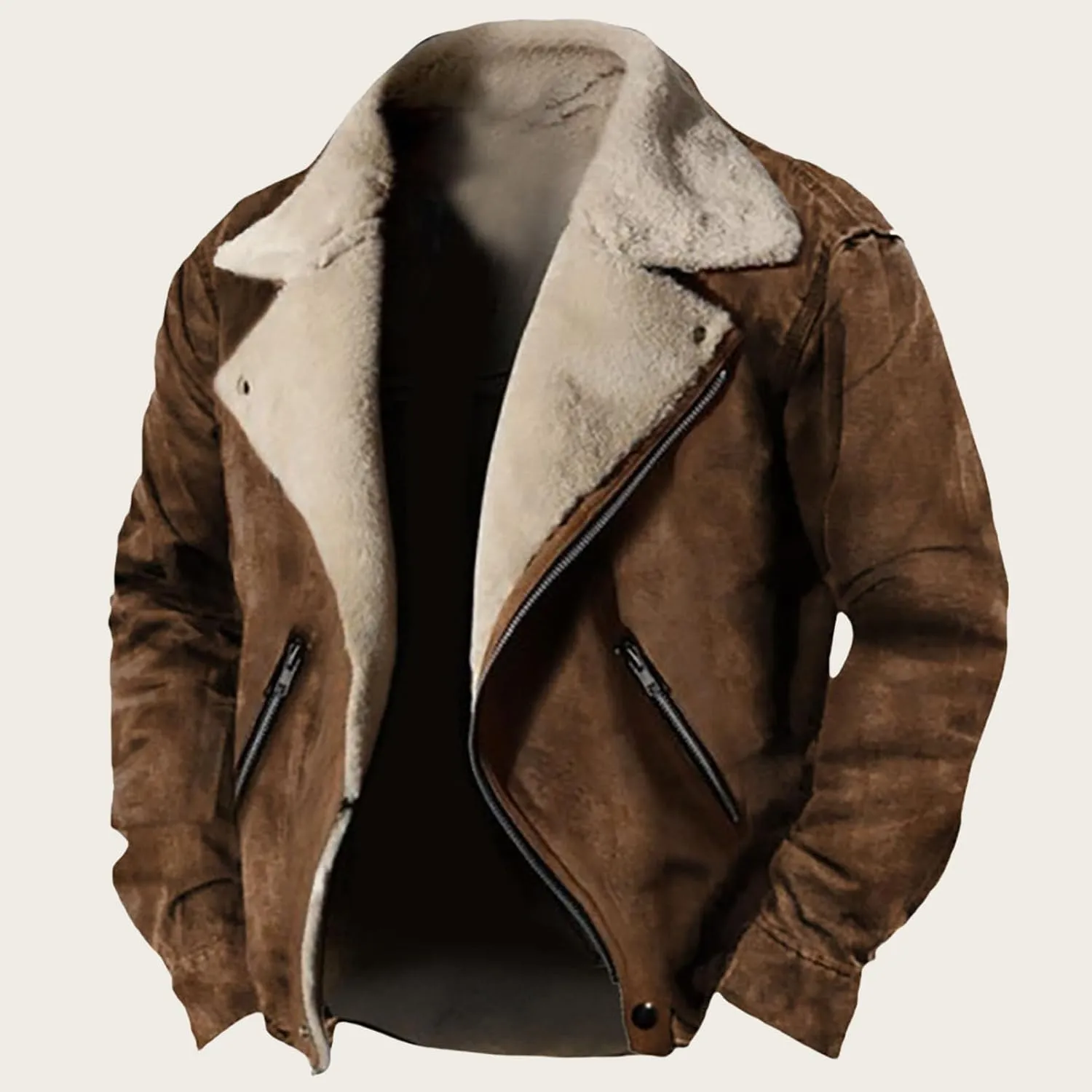 Winter Jackets for Men Sherpa Lined Fleece Casual Distressed Trucker Coats Classic Lapel Motorcycle Bomber Jacket