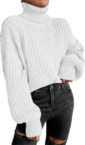 Women 2022 Fall Turtleneck Sweaters Casual Oversized Long Batwing Sleeve Cable Knit Pullover Sweaters Top