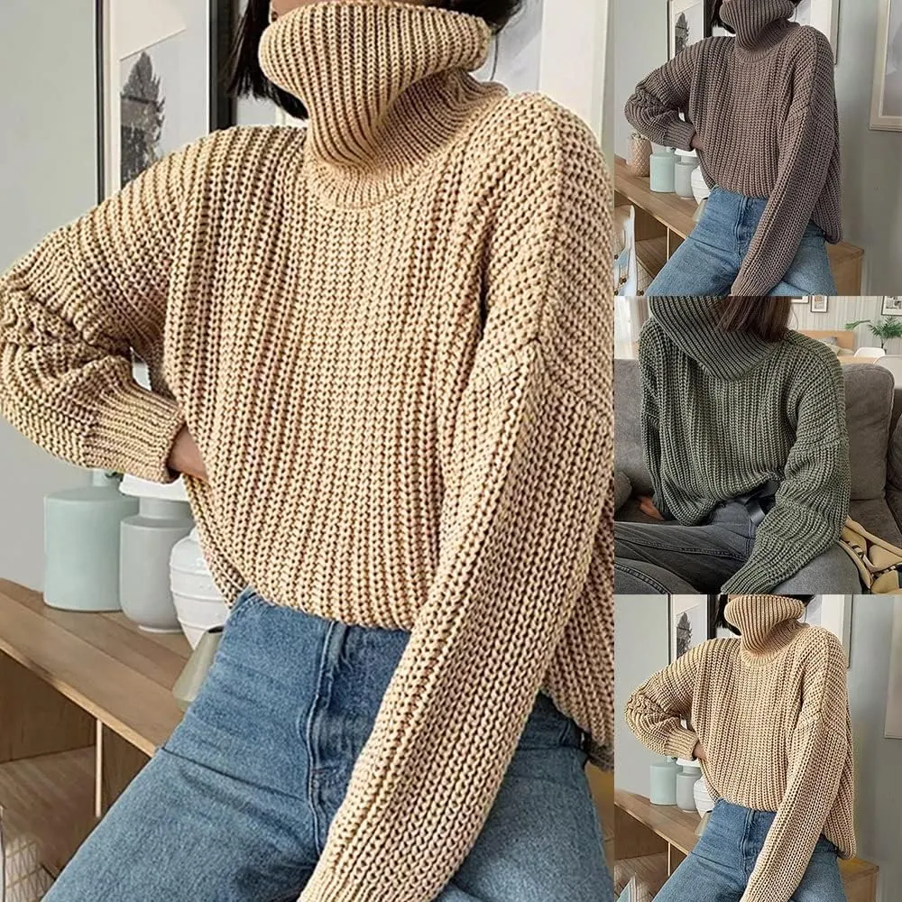 Women 2022 Fall Turtleneck Sweaters Casual Oversized Long Batwing Sleeve Cable Knit Pullover Sweaters Top