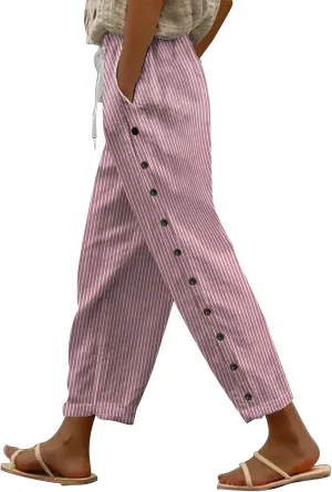 Women Casual Striped Linen Pants Trendy Wide Leg Side Button Trouser Office Work Relaxed Business Dressy Casual Pant