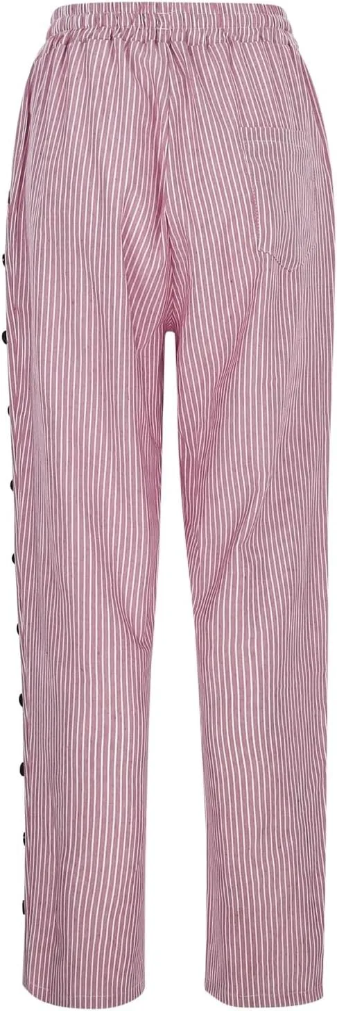 Women Casual Striped Linen Pants Trendy Wide Leg Side Button Trouser Office Work Relaxed Business Dressy Casual Pant