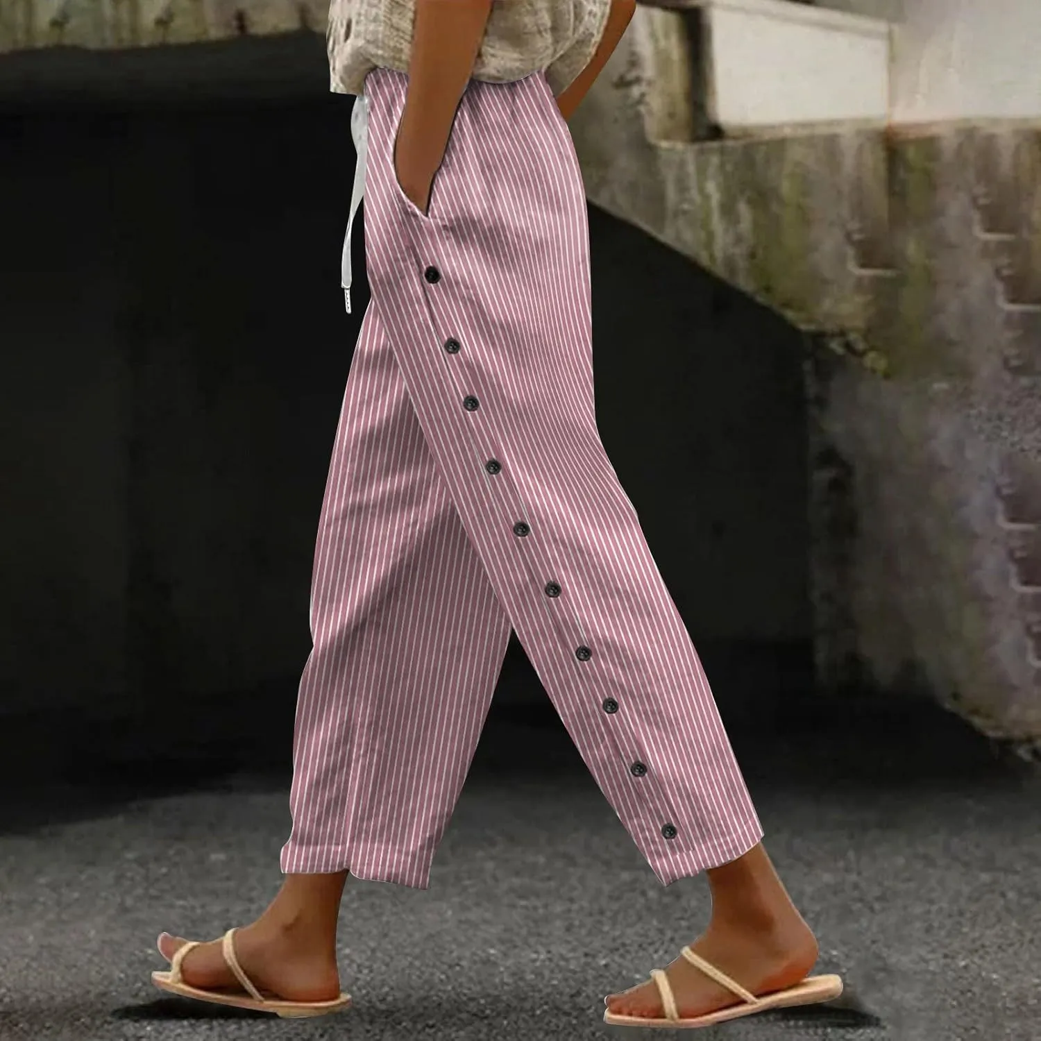 Women Casual Striped Linen Pants Trendy Wide Leg Side Button Trouser Office Work Relaxed Business Dressy Casual Pant