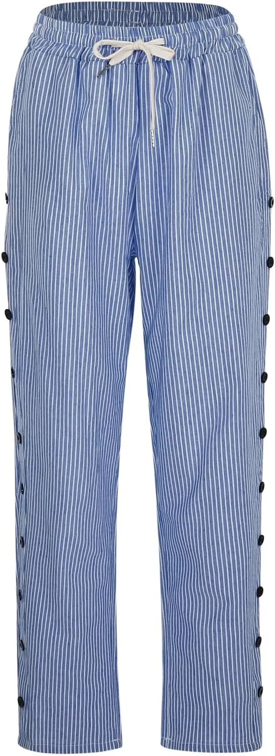 Women Casual Striped Linen Pants Trendy Wide Leg Side Button Trouser Office Work Relaxed Business Dressy Casual Pant