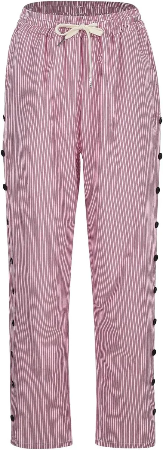 Women Casual Striped Linen Pants Trendy Wide Leg Side Button Trouser Office Work Relaxed Business Dressy Casual Pant
