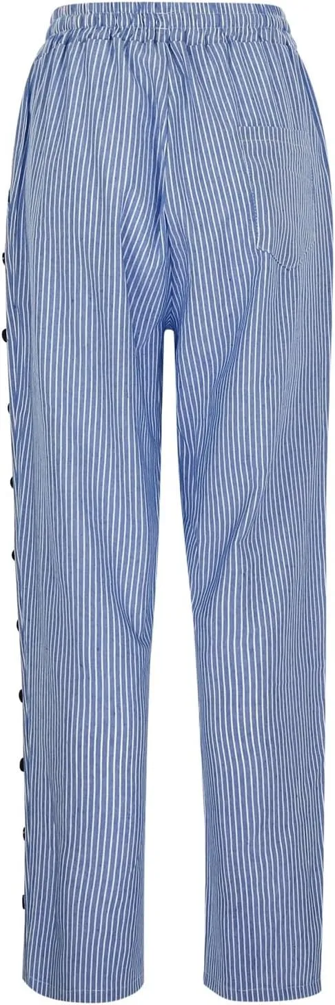 Women Casual Striped Linen Pants Trendy Wide Leg Side Button Trouser Office Work Relaxed Business Dressy Casual Pant