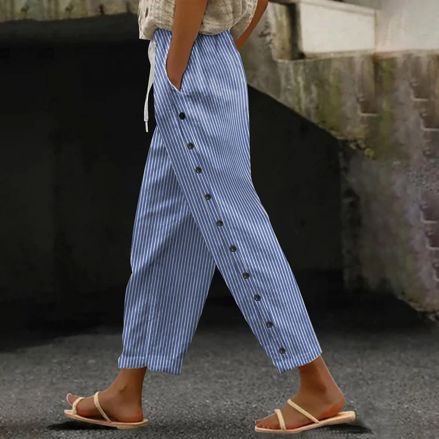 Women Casual Striped Linen Pants Trendy Wide Leg Side Button Trouser Office Work Relaxed Business Dressy Casual Pant