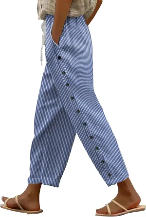Women Casual Striped Linen Pants Trendy Wide Leg Side Button Trouser Office Work Relaxed Business Dressy Casual Pant