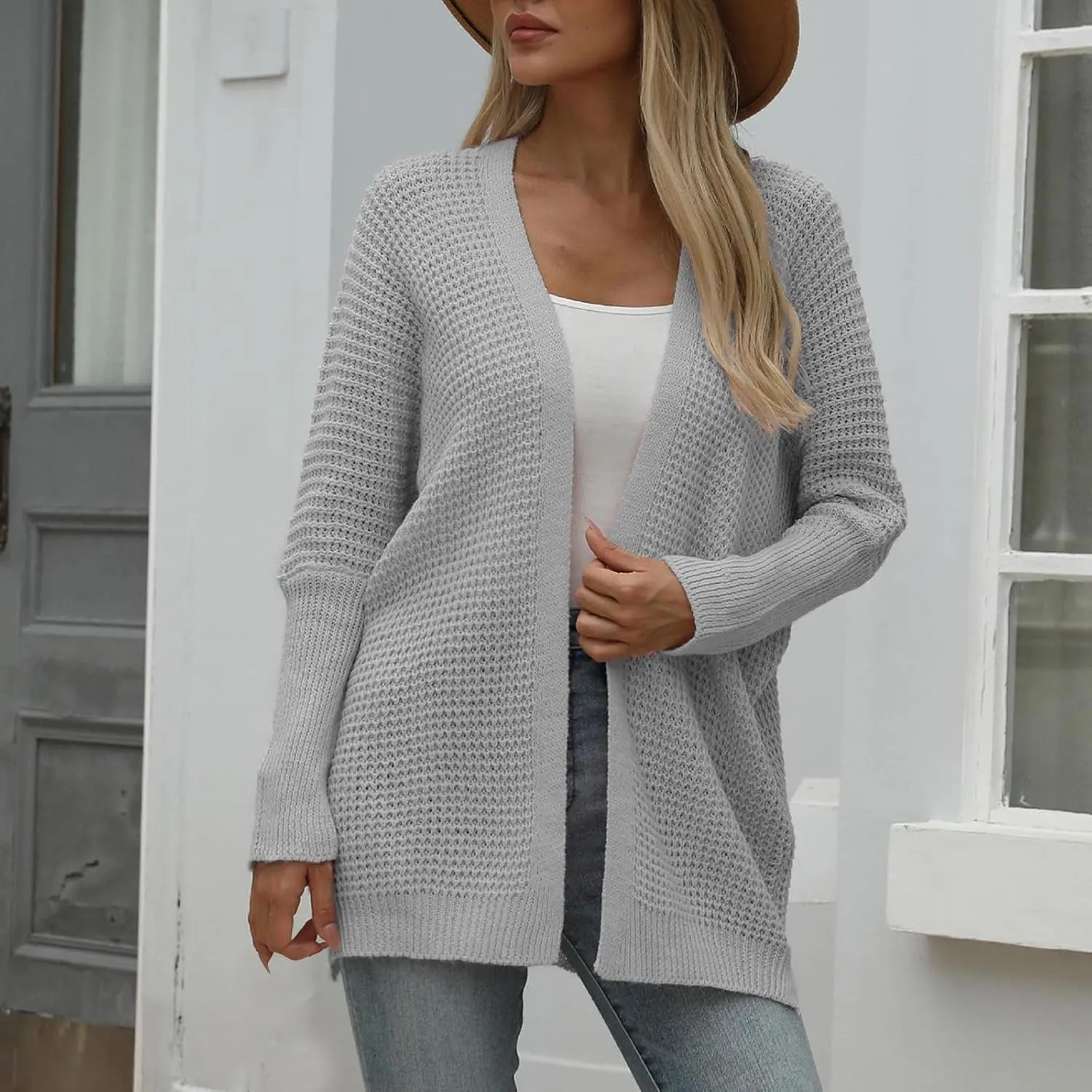 Women Comfortable Open Front Cardigan V-Neck Casual Cable Knit Outwear Loose Trendy Sweaters