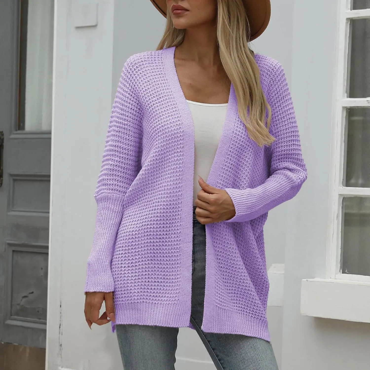 Women Comfortable Open Front Cardigan V-Neck Casual Cable Knit Outwear Loose Trendy Sweaters