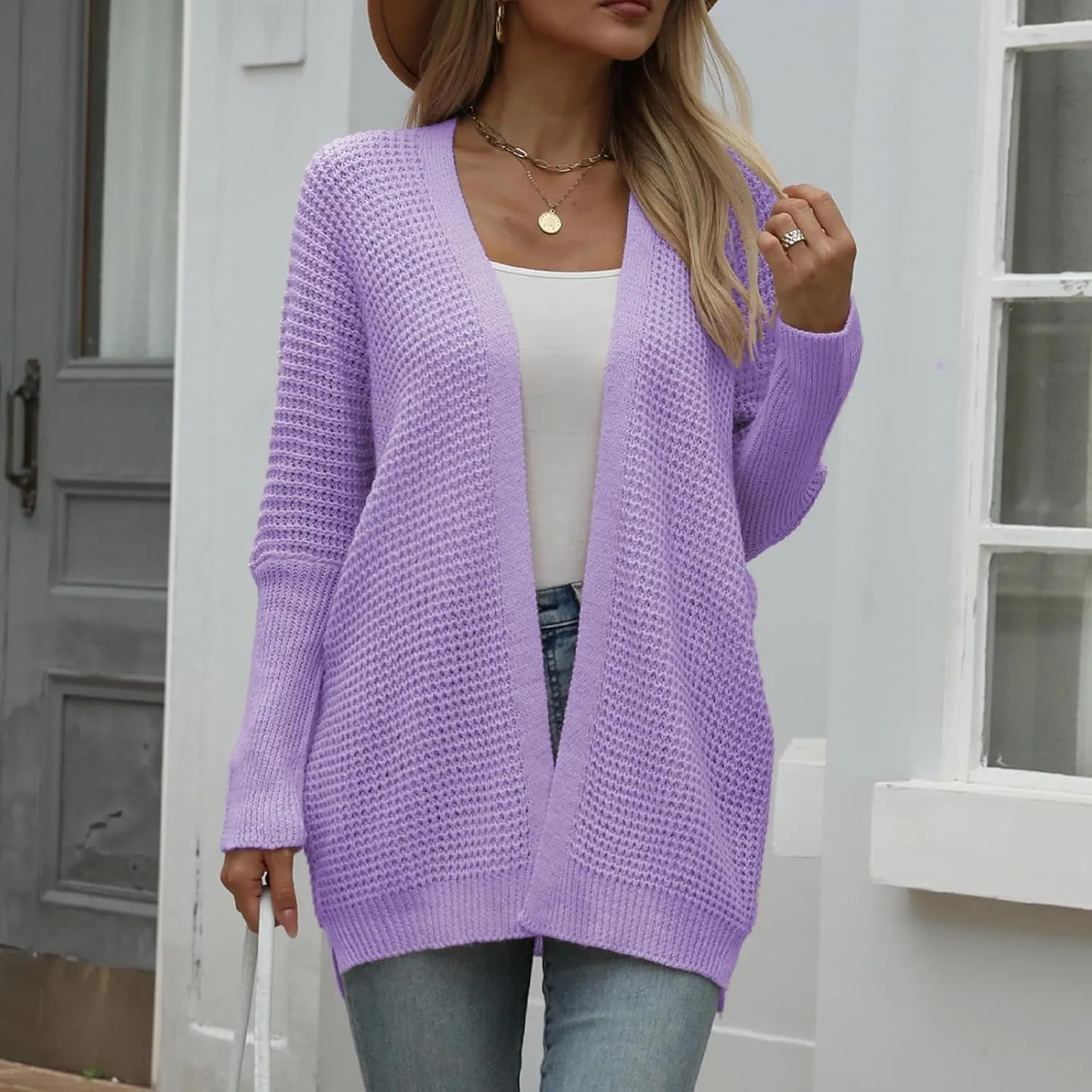 Women Comfortable Open Front Cardigan V-Neck Casual Cable Knit Outwear Loose Trendy Sweaters