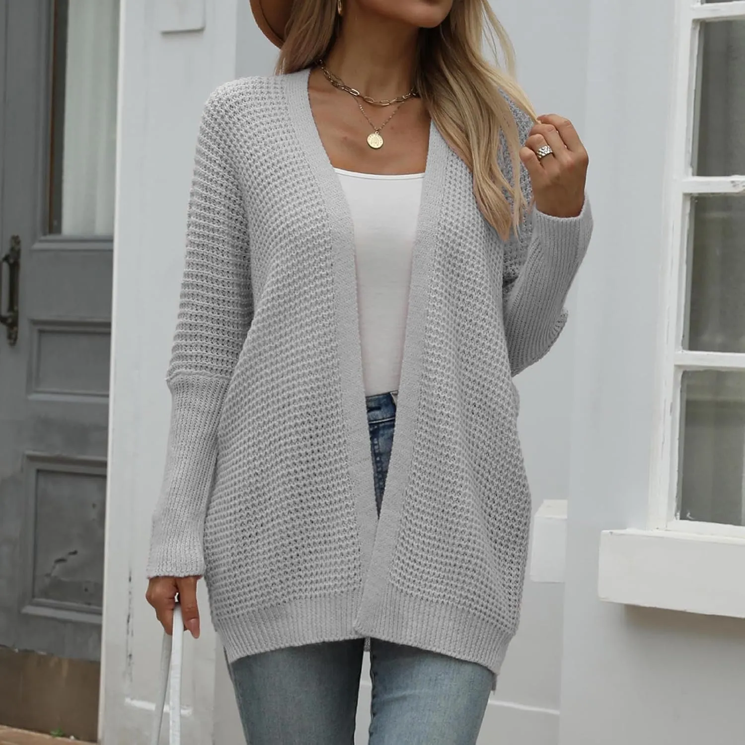 Women Comfortable Open Front Cardigan V-Neck Casual Cable Knit Outwear Loose Trendy Sweaters