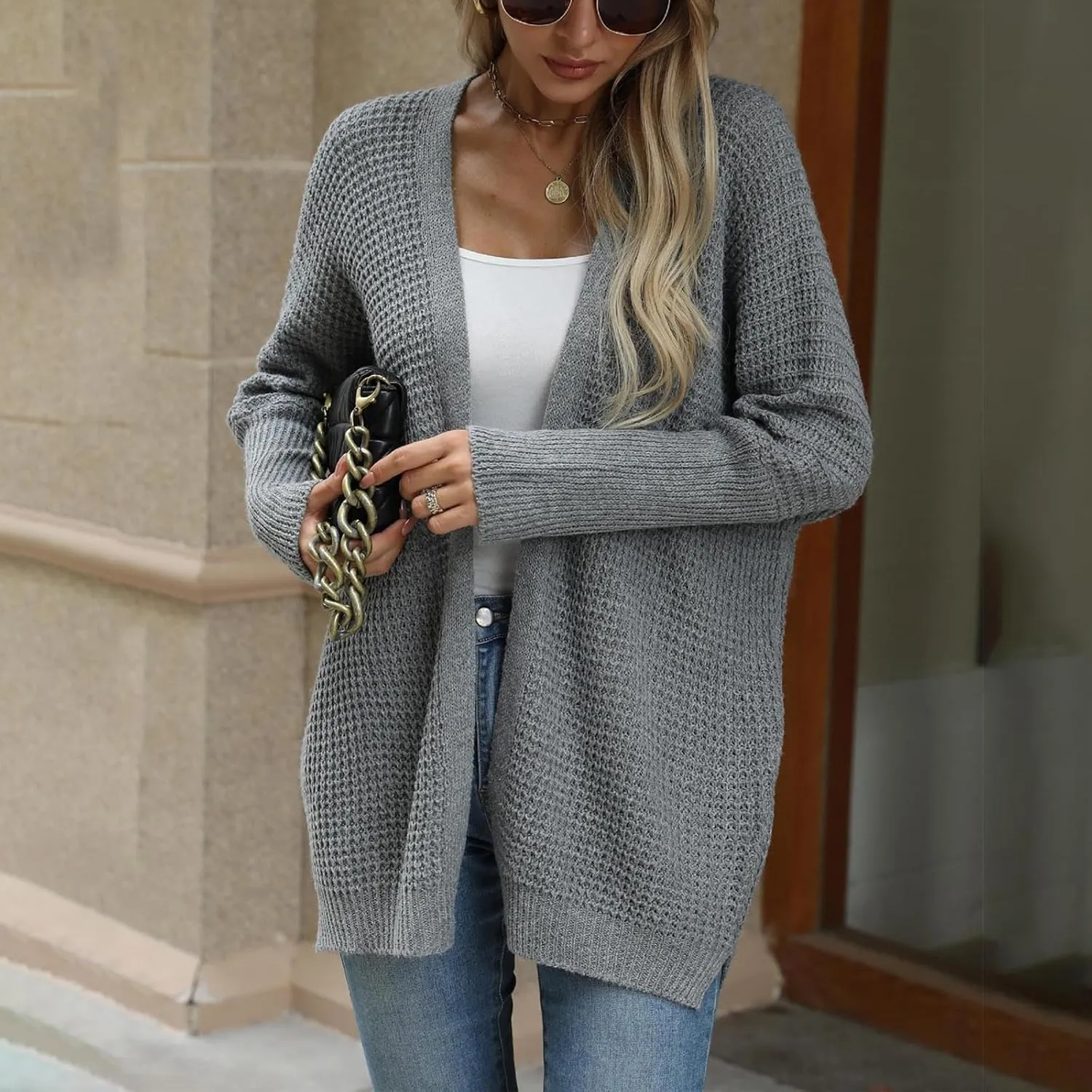 Women Comfortable Open Front Cardigan V-Neck Casual Cable Knit Outwear Loose Trendy Sweaters