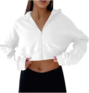 Women Cropped Hoodies Trendy Zip Up Sweatshirts Fashion Preppy Clothes Fleece Lined Crop Tops Casual Fall Sweatshirt