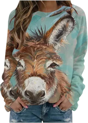 Women Cute Donkey Print Sweatshirt Oversized Crew Neck Long Sleeve Pullover Fall Winter Trendy Casual Fleece Tops