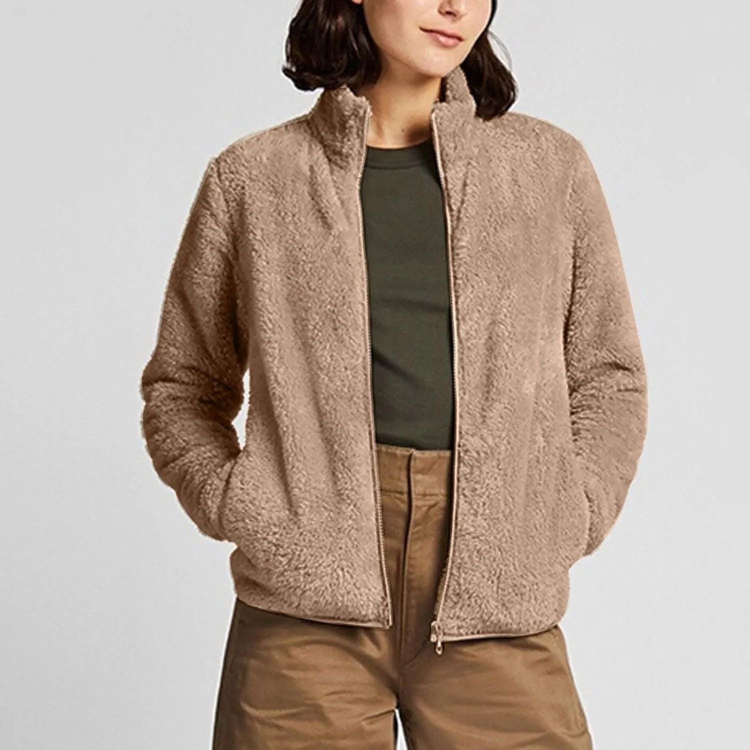 Women Fall and Winter Sweatshirts Full Zip Up Plush Casual Loose Shirts Long Sleeve Pullover Fleece Clothes