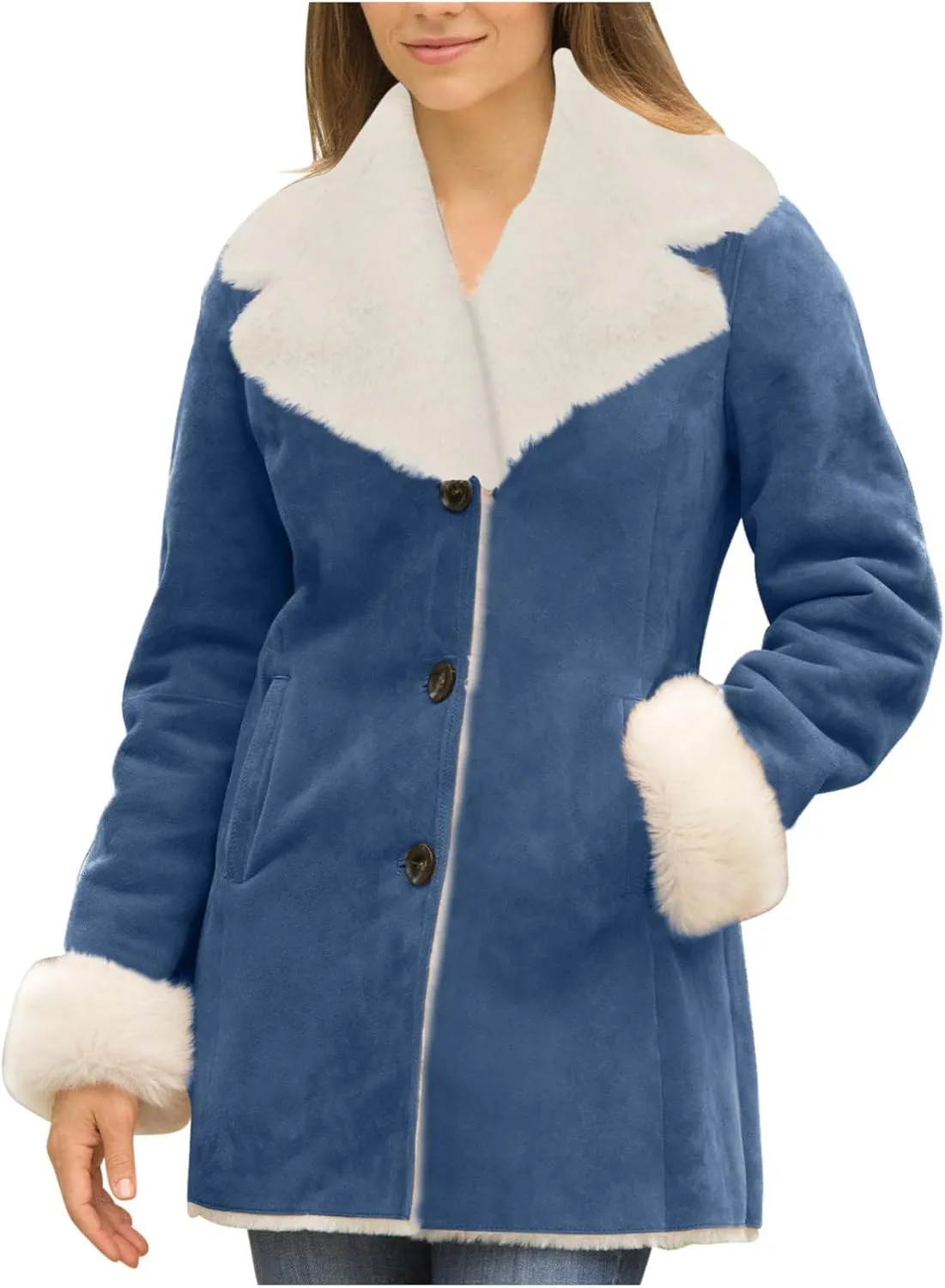 Women Fleece Suede Coat Fuzzy Lined Notched Lapel Long Sleeve Jacket 2024 Winter Trendy Button Outwear With Pockets