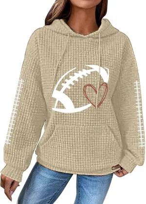 Women Football Season Hoodie Game Day Football Trendy Casual Waffle Sweatshirt Preppy Loose Pullover Tops with Pockets