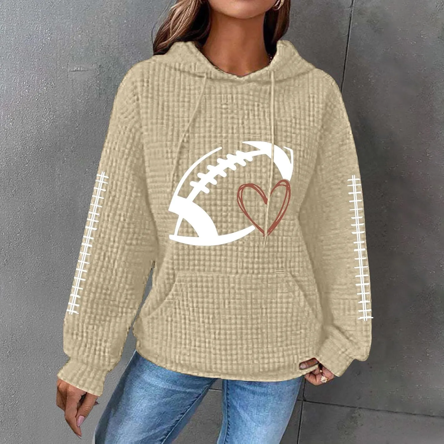 Women Football Season Hoodie Game Day Football Trendy Casual Waffle Sweatshirt Preppy Loose Pullover Tops with Pockets