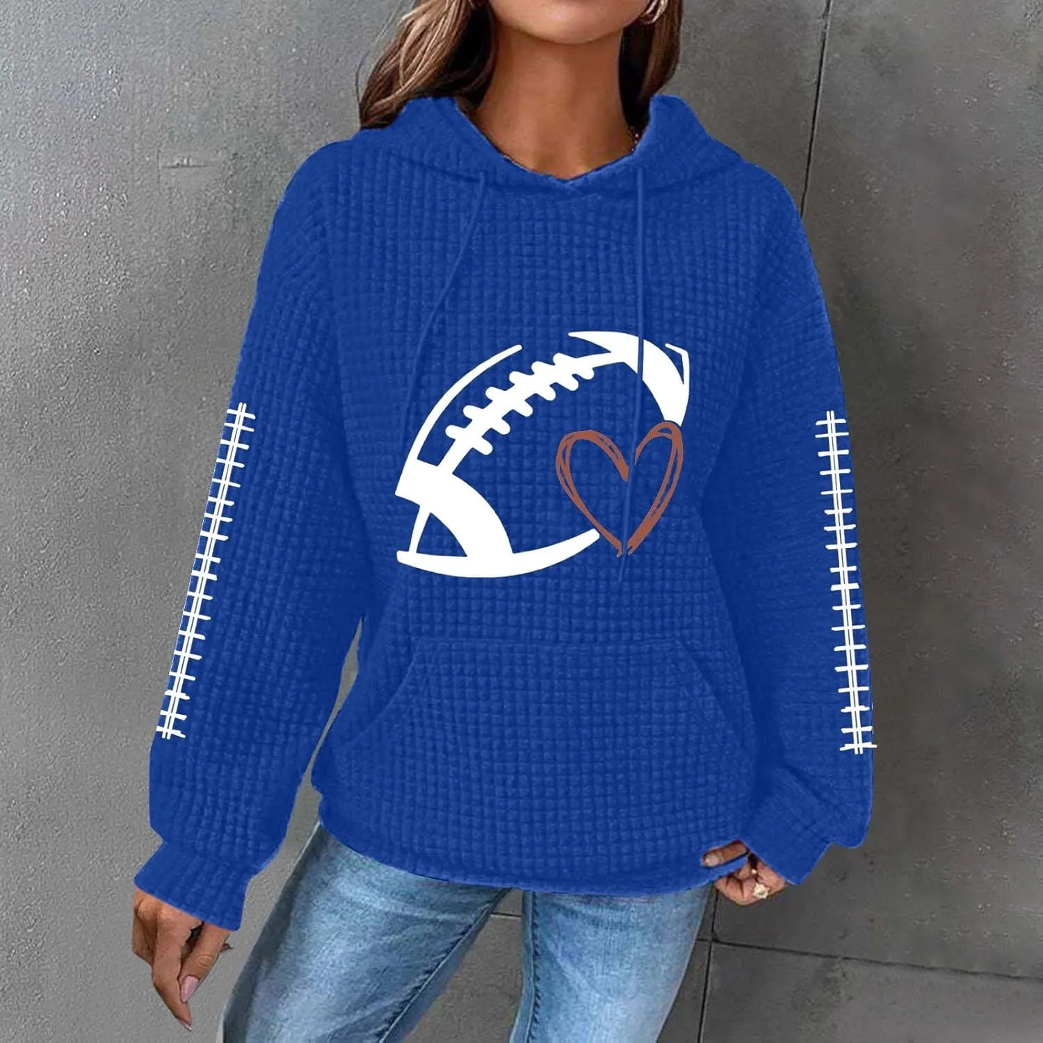 Women Football Season Hoodie Game Day Football Trendy Casual Waffle Sweatshirt Preppy Loose Pullover Tops with Pockets