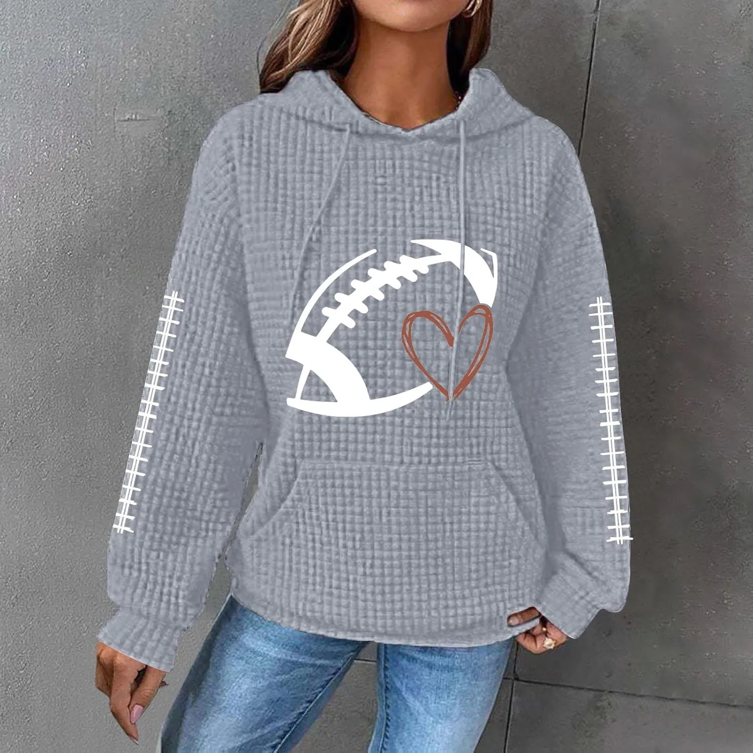 Women Football Season Hoodie Game Day Football Trendy Casual Waffle Sweatshirt Preppy Loose Pullover Tops with Pockets