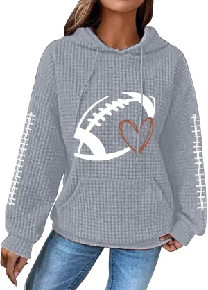 Women Football Season Hoodie Game Day Football Trendy Casual Waffle Sweatshirt Preppy Loose Pullover Tops with Pockets