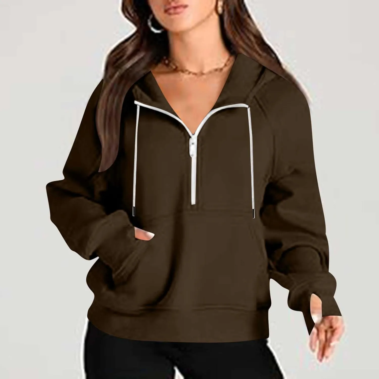 Women Half Zip Hoodies Drawstring Cropped Sweatshirts Oversized Pullover Tops with Pockets Fashion Preppy Clothes