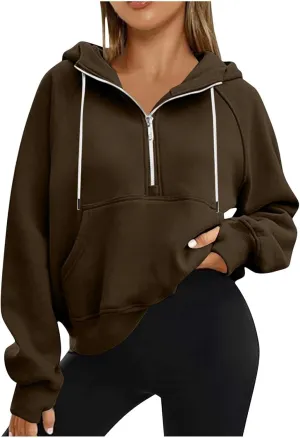 Women Half Zip Hoodies Drawstring Cropped Sweatshirts Oversized Pullover Tops with Pockets Fashion Preppy Clothes
