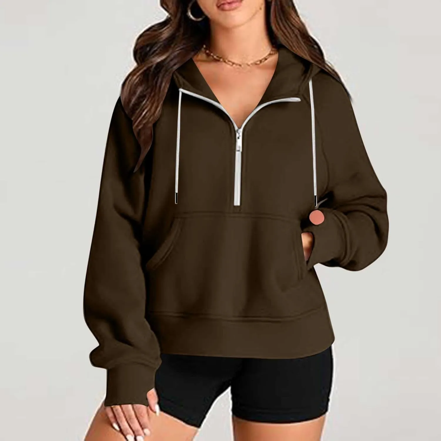 Women Half Zip Hoodies Drawstring Cropped Sweatshirts Oversized Pullover Tops with Pockets Fashion Preppy Clothes