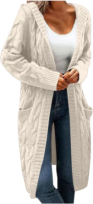 Women Hooded Open Front Cardigan Cable Knit Long Sweaters Solid Color Long Sleeve Chunky Outerwear Coats Tops