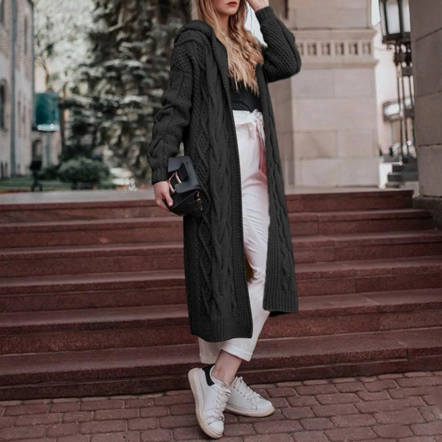 Women Hooded Open Front Cardigan Cable Knit Long Sweaters Solid Color Long Sleeve Chunky Outerwear Coats Tops