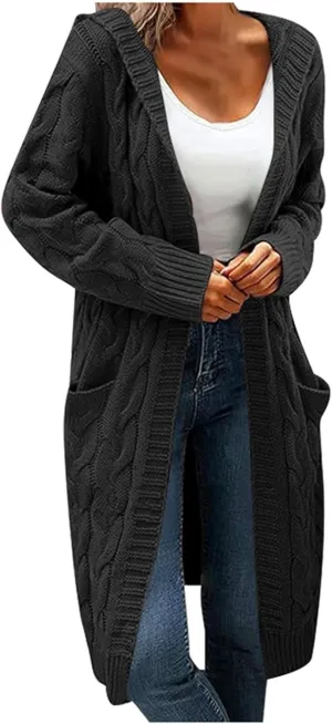 Women Hooded Open Front Cardigan Cable Knit Long Sweaters Solid Color Long Sleeve Chunky Outerwear Coats Tops