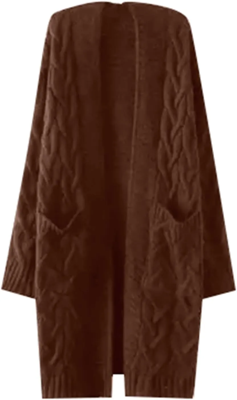 Women Hooded Open Front Cardigan Cable Knit Long Sweaters Solid Color Long Sleeve Chunky Outerwear Coats Tops