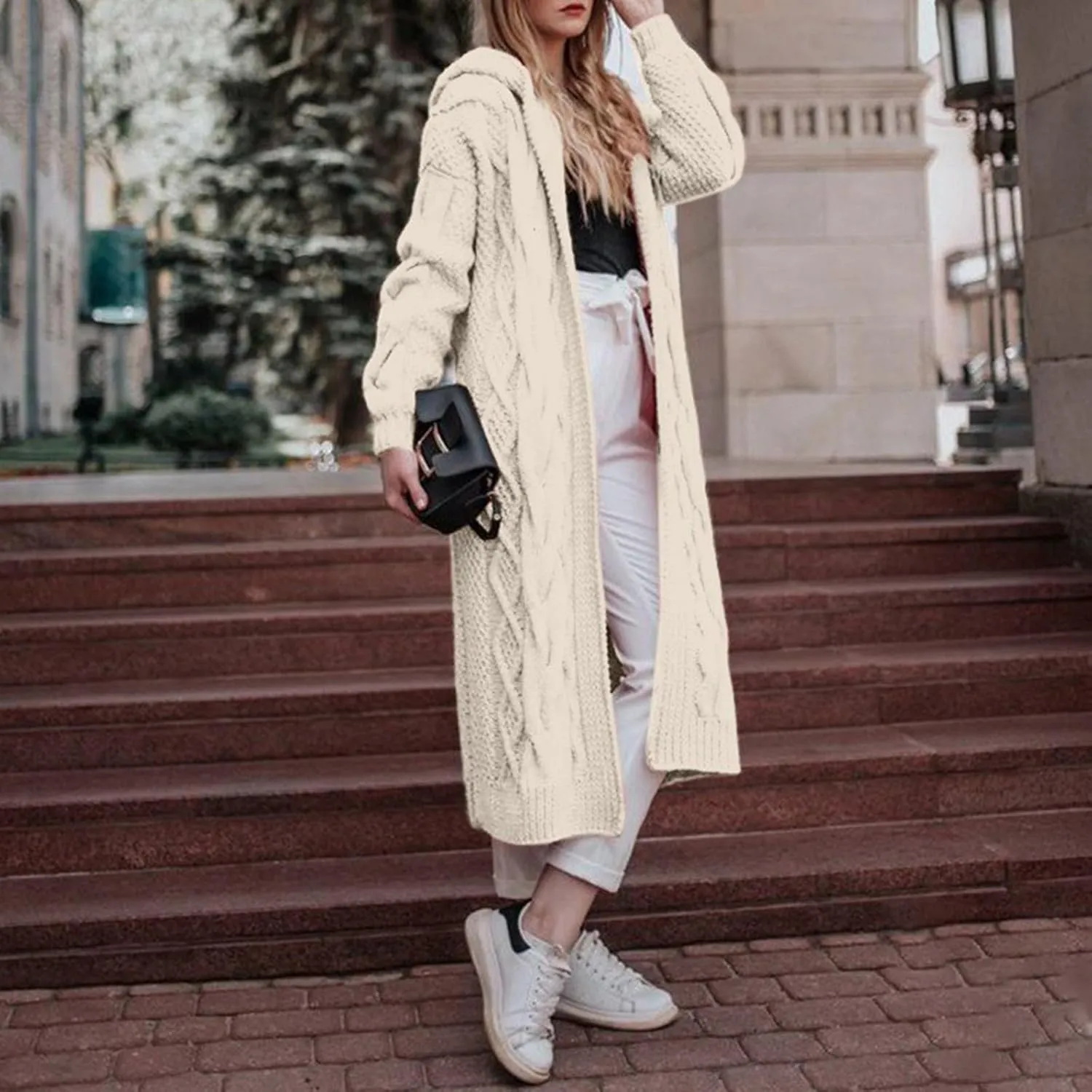 Women Hooded Open Front Cardigan Cable Knit Long Sweaters Solid Color Long Sleeve Chunky Outerwear Coats Tops