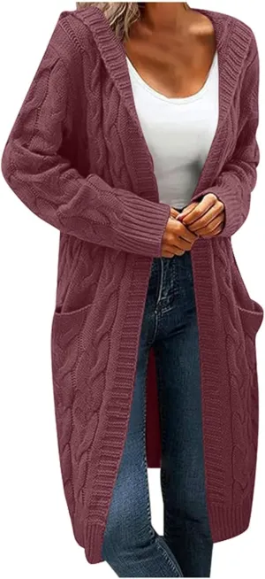 Women Hooded Open Front Cardigan Cable Knit Sweaters Solid Color Long Sleeve Chunky Long Sweater Outerwear Coats