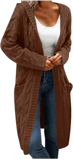 Women Hooded Open Front Cardigan Cable Knit Sweaters Solid Color Long Sleeve Chunky Long Sweater Outerwear Coats