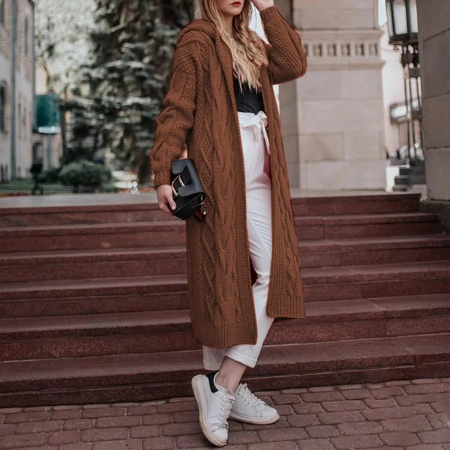Women Hooded Open Front Cardigan Cable Knit Sweaters Solid Color Long Sleeve Chunky Long Sweater Outerwear Coats