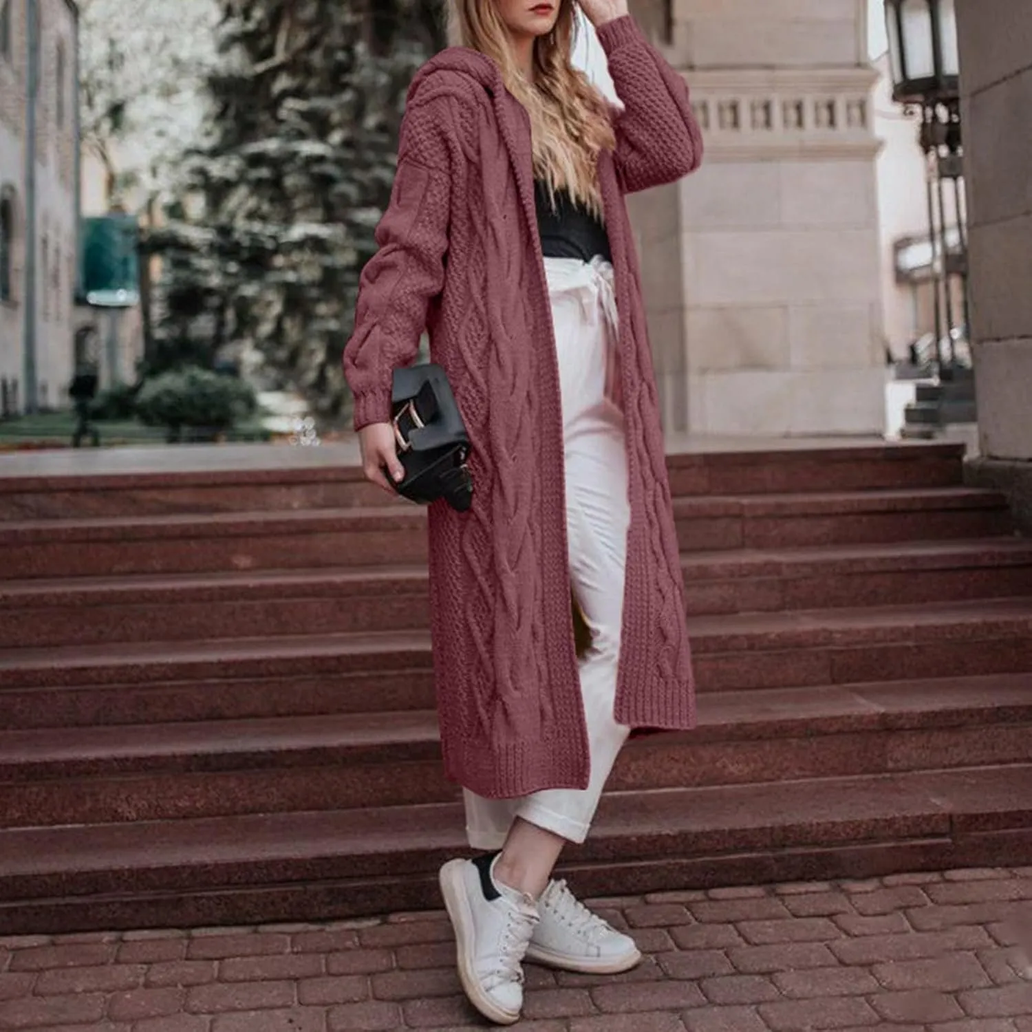 Women Hooded Open Front Cardigan Cable Knit Sweaters Solid Color Long Sleeve Chunky Long Sweater Outerwear Coats