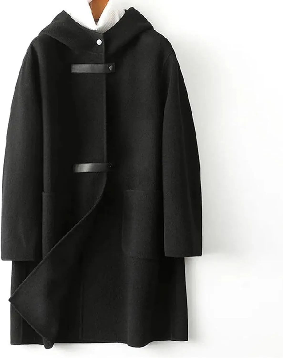 Women Lapel Hooded Pea Coat with Pockets Plus Size Mid Length Duster Coat Anoraks Solid Warm Wool Trench Coat Outwear