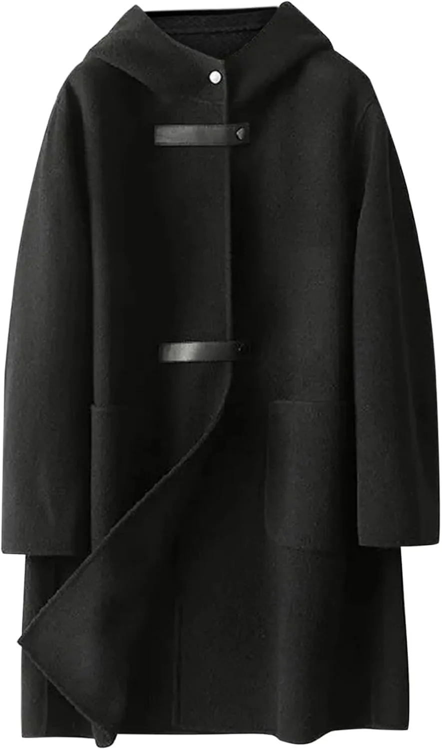 Women Lapel Hooded Pea Coat with Pockets Plus Size Mid Length Duster Coat Anoraks Solid Warm Wool Trench Coat Outwear