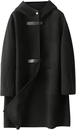 Women Lapel Hooded Pea Coat with Pockets Plus Size Mid Length Duster Coat Anoraks Solid Warm Wool Trench Coat Outwear
