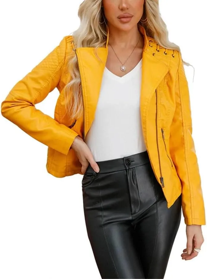 Women Leather Jackets Fashion Retro Solid Color Short Leather Coats Motorcycle Leather Jacket