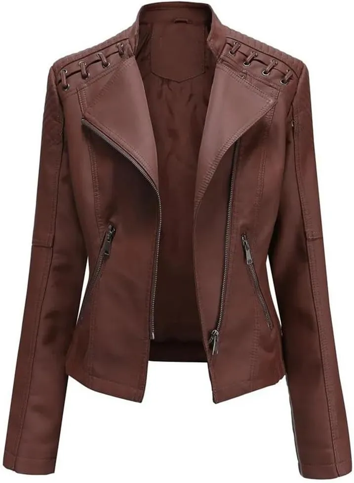 Women Leather Jackets Fashion Retro Solid Color Short Leather Coats Motorcycle Leather Jacket