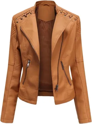 Women Leather Jackets Fashion Retro Solid Color Short Leather Coats Motorcycle Leather Jacket