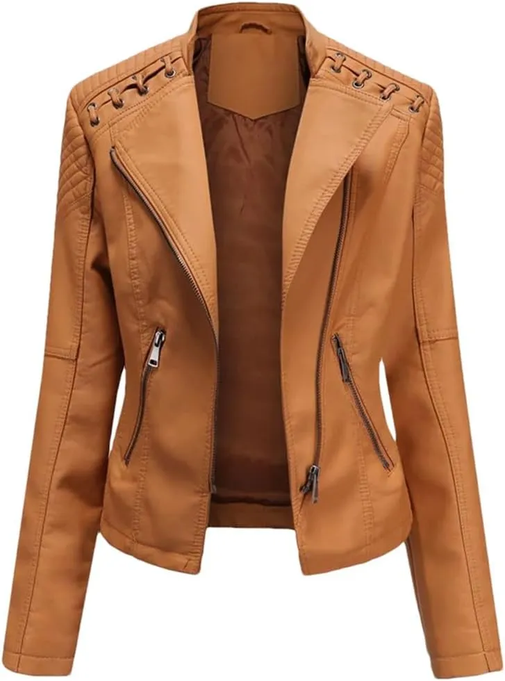 Women Leather Jackets Fashion Retro Solid Color Short Leather Coats Motorcycle Leather Jacket