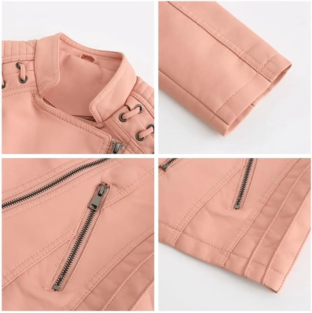 Women Leather Jackets Fashion Retro Solid Color Short Leather Coats Motorcycle Leather Jacket