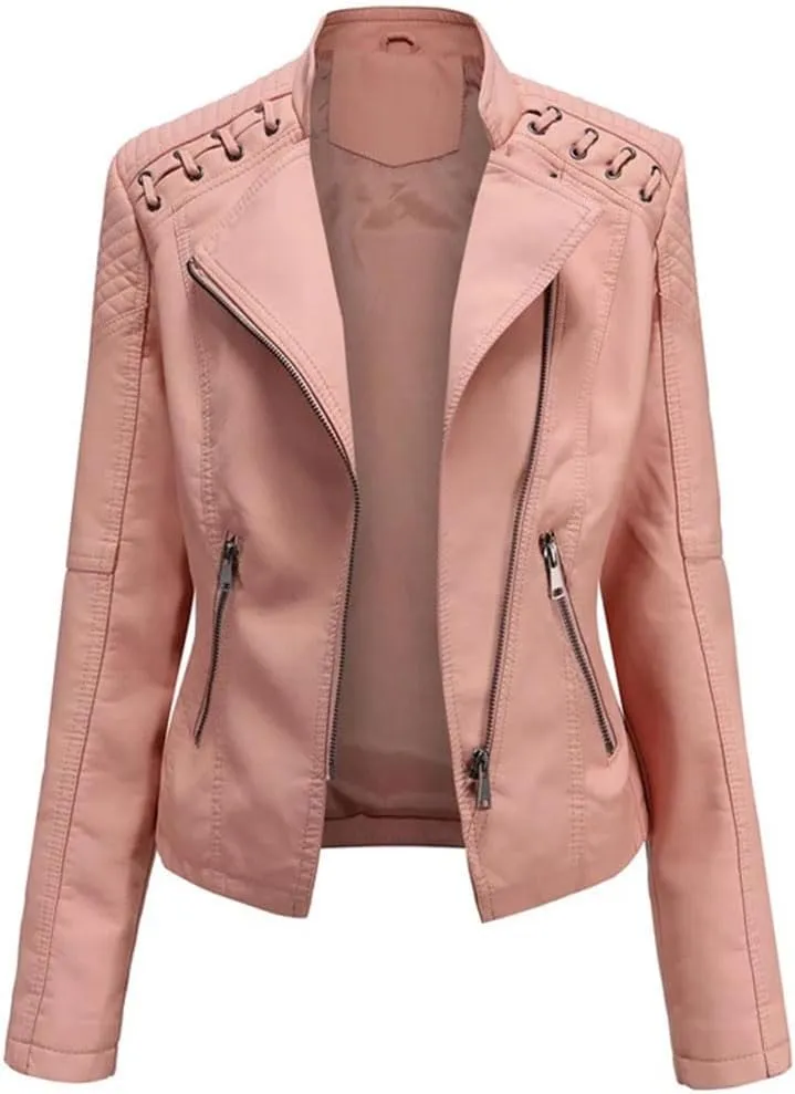 Women Leather Jackets Fashion Retro Solid Color Short Leather Coats Motorcycle Leather Jacket
