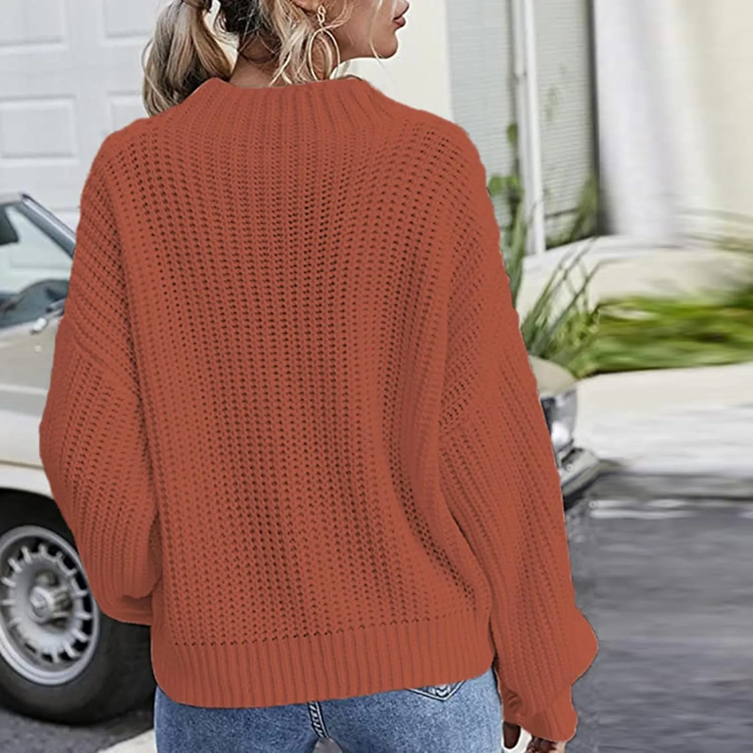 Women Long Sleeve Cable Knit Sweater Crewneck Loose Casual Pullovers Warm Lightweight Sweaters