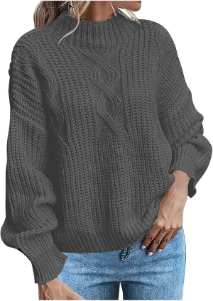 Women Long Sleeve Cable Knit Sweater Crewneck Loose Casual Pullovers Warm Lightweight Sweaters